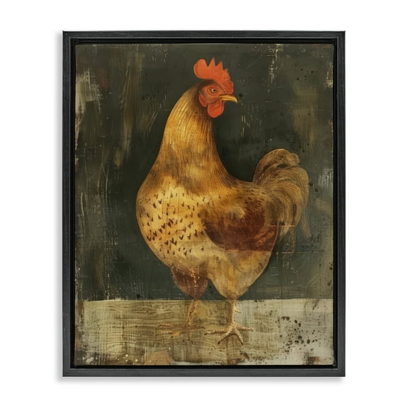 Stupell Industries Chicken on Rustic Background Animals Painting Black Floater Framed Canvas Art Print Wall Art, 17 x 21
