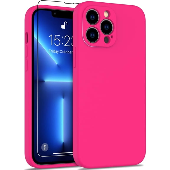 Compatible with iPhone 13 Pro Case with Screen Protector - Silky Soft Silicone - Enhanced Camera Cover - 16ft Drop Tested - Slim Fit Protective Phone Case for Women Girls 6.1" - Hot Pink