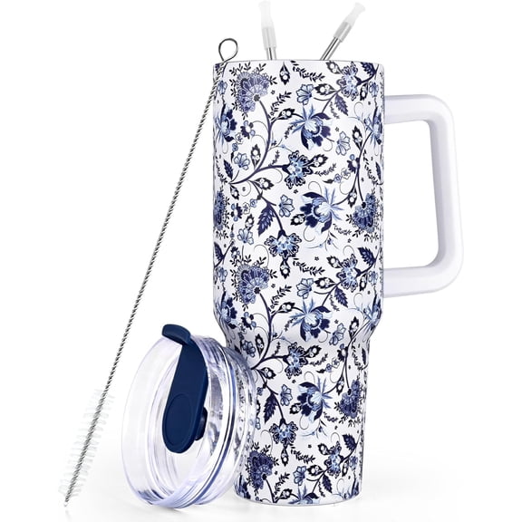 40oz Tumbler with Handle, Stainless Steel Insulated Travel Tumbler with Lid and Straw, Double Wall Vacuum Insulated Tumbler Mug, Thermal Cup for Home Outdoor, Blue and White Porcelain