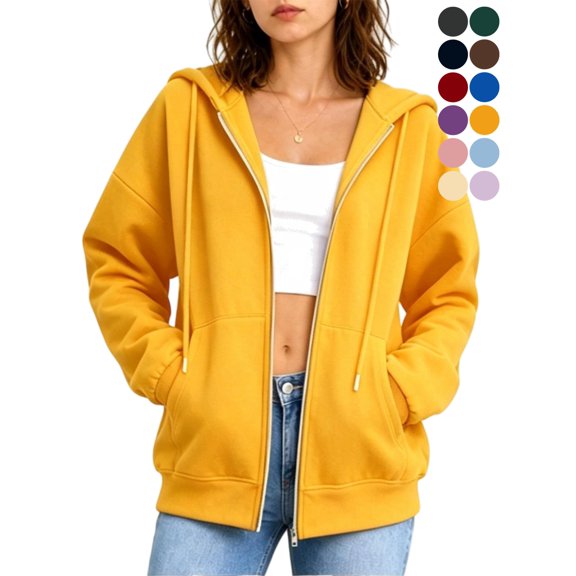 Women's Full Zip Hoodie Drop Shoulder Long Sleeve Oversized Sweatshirt with Pockets Casual Outerwear