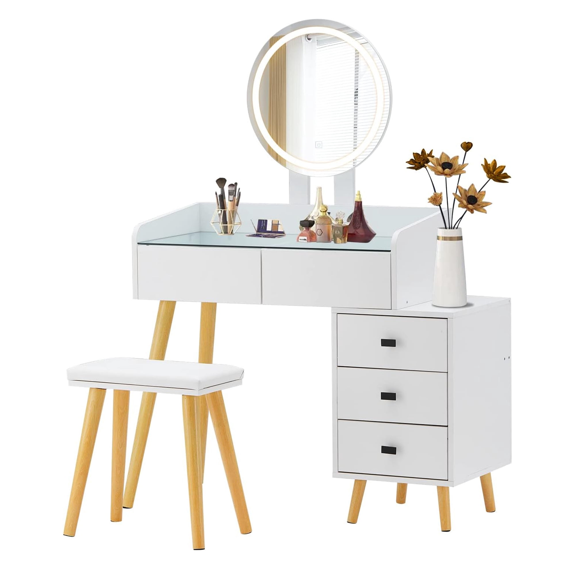 Vastcury Makeup Vanity Desk Set with Round Mirror and LED Light, Modern Vanity with Glass Top and 5 Drawers for Bedroom, White