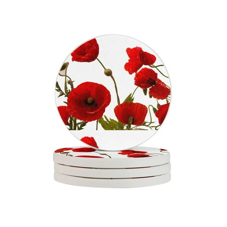 

Circular Drink Coasters Set Red Poppy Flowers Choose Background Color Beautiful Home Decor Diatomite Heat-Resistant Diatomite Protect Table Countertop