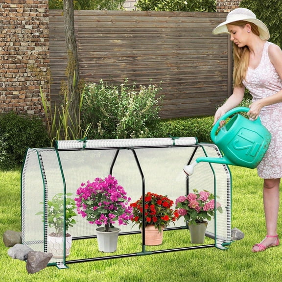 COSTWAY Portable Mini Tunnel Greenhouse, All-Weather PE Cover with Roll-Up Door for Yard Balcony Garden
