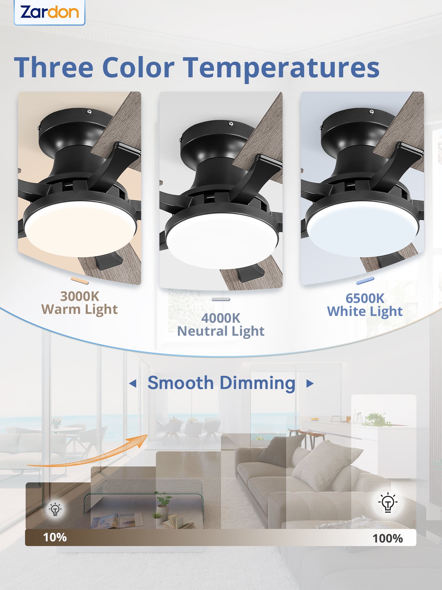 Zardon 52 inch Black Ceiling Fan with Light, Flush Mount Low Profile, App & Remote Control, Dimmable 6-Speed, Quiet Reversible DC Motor for Bedroom, Living Room