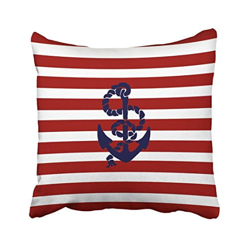 RYLABLUE Nautical Navy Anchor Pattern Red And White Stripes Pillow Cover With Hidden Zipper Decor Cushion Two Sides 20x20 inches