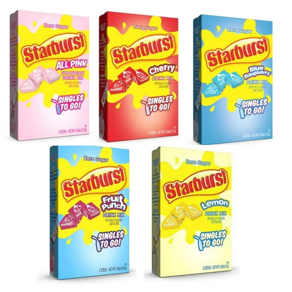 Starburst Singles to go Drink Mix Variety Pack, 1 Cherry, 1 Fruit Punch, 1 Blue Raspberry, 1 Lemon, and 1 All Pink Strawberry