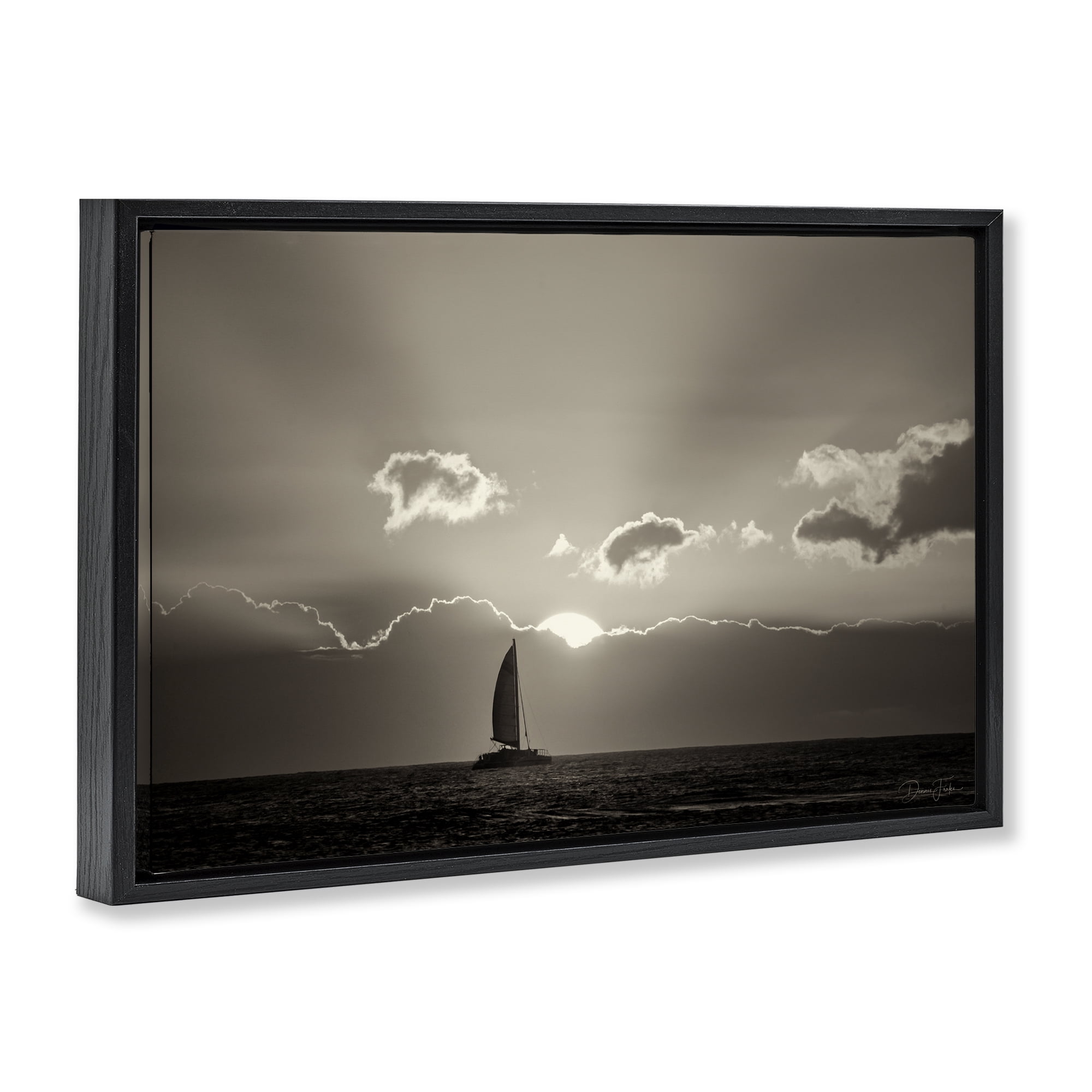 Stupell Industries Sun Peeking Over Boat Landscape & Nature Photography Black Floater Framed Canvas Art Print Wall Art, 25 x 17