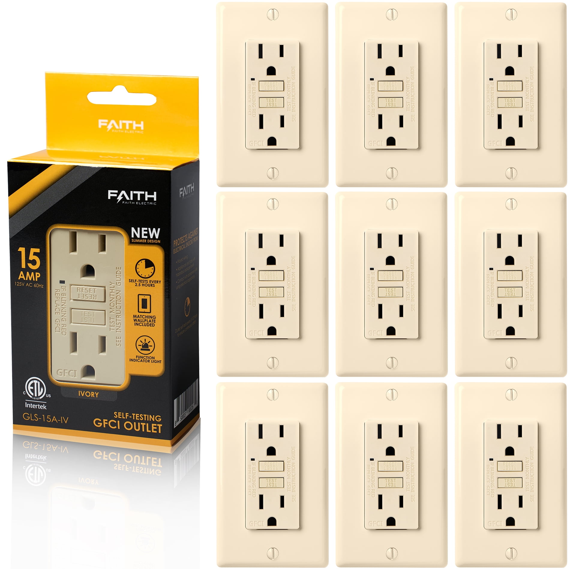 Faith 15A GFCI Outlets, Slim, NonTamperResistant GFI Duplex