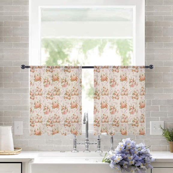 Sheer Curtains 45 inches Long, Fall Thanksgiving Vintahe Pumpkins Eucalyptus Leaves Light Filtering Sheer Window Curtains Rod Pocket Voile Drapes for Bedroom Living Room, 52"W x 45"L 2 Panels