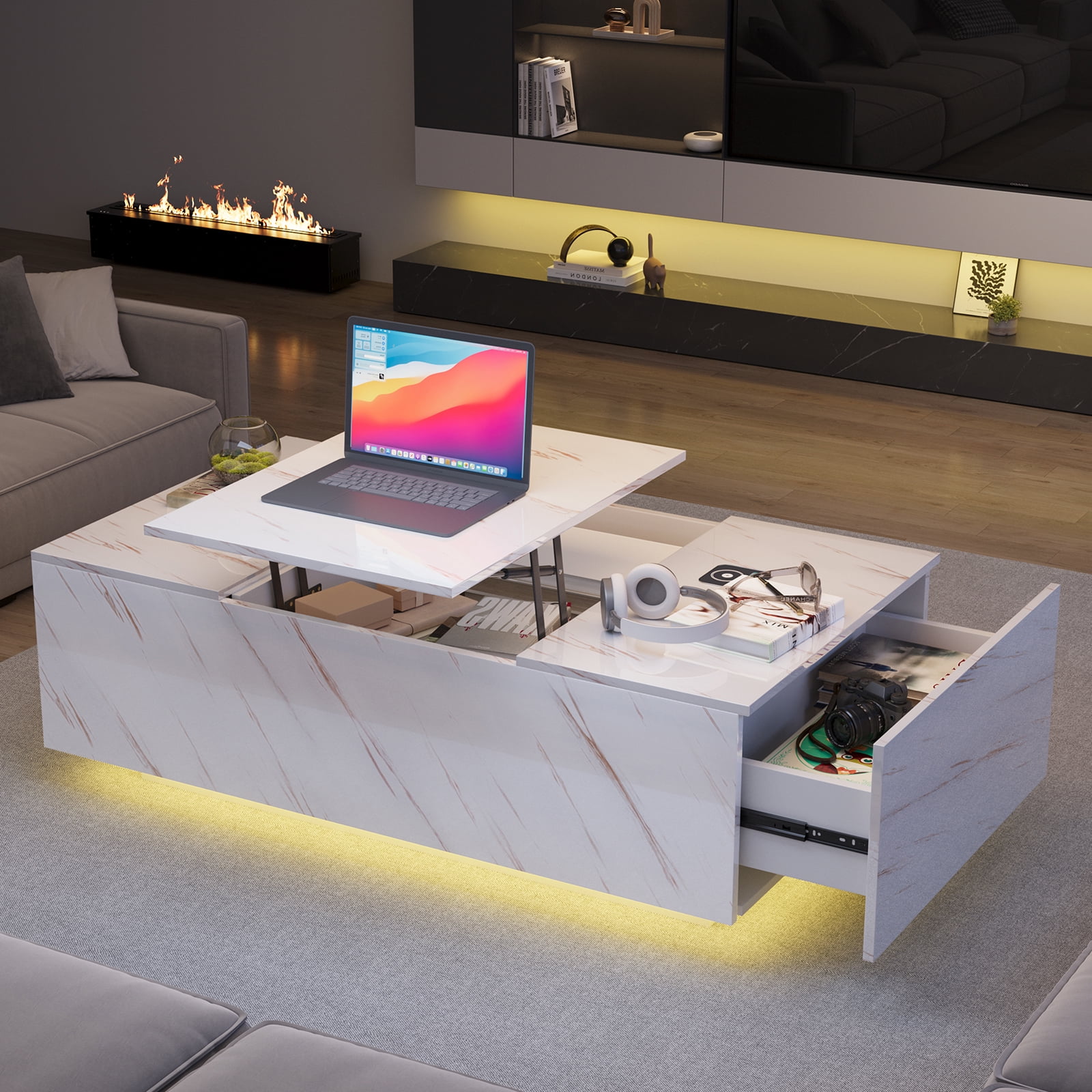 Hommoo Coffee Table with Storage and 24-Color LED Lights, Wooden Faux Marble Console Table, Wireless Charging and Bluetooth Speaker, Black