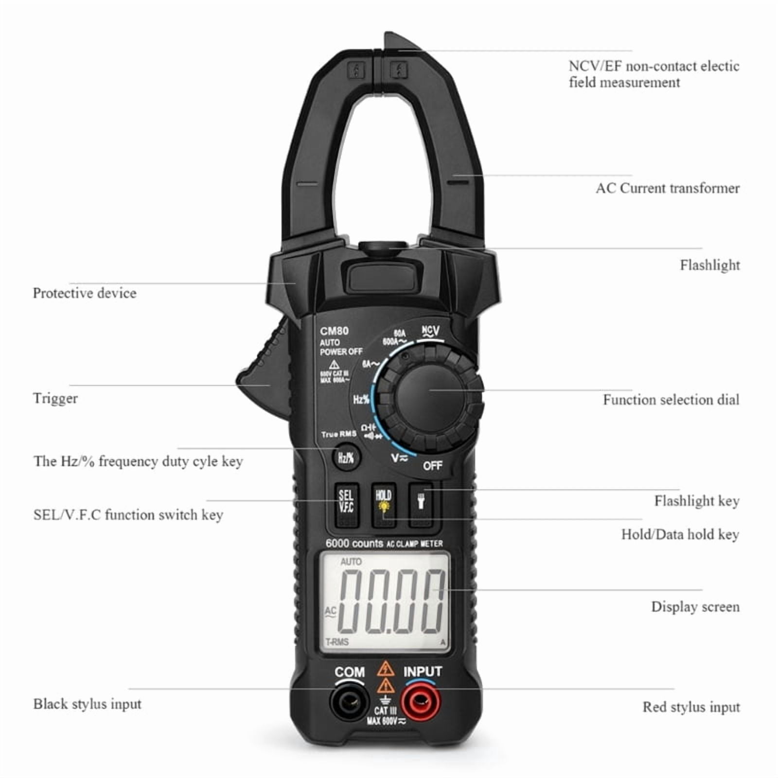 Digital Clamp Meter Multimeter AC Current & AC/for DC Voltage Tester with Amp Volt Ohm Duty Ratio Diode Resistance & Hz