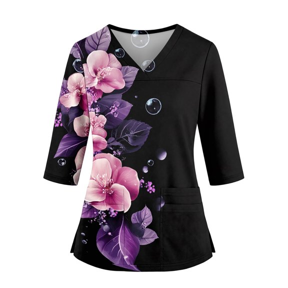 Womens Scrub Tops Printed Wrinkle-Resist Nurse Working Uniforms Fashion 3/4 Sleeve V Neck Floral Print Side Slits Scrub Shirt Ultra Soft Tees Blouse with Pockets Black M