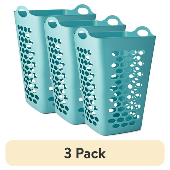 (3 pack) Mainstays 2 Bushel Flexible Square Laundry Hamper, Teal Plastic
