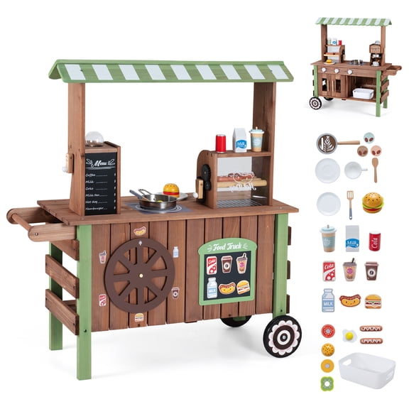 Gymax Wooden Grocery Store Playset for Kids w/ Large Wheels Storage Shelves Ovens Brown & Green