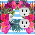 thumbnail image 1 of Metal Light Switch Plate Cover Hibiscus Flower Wreath Teal Stripes FLW033, 1 of 13
