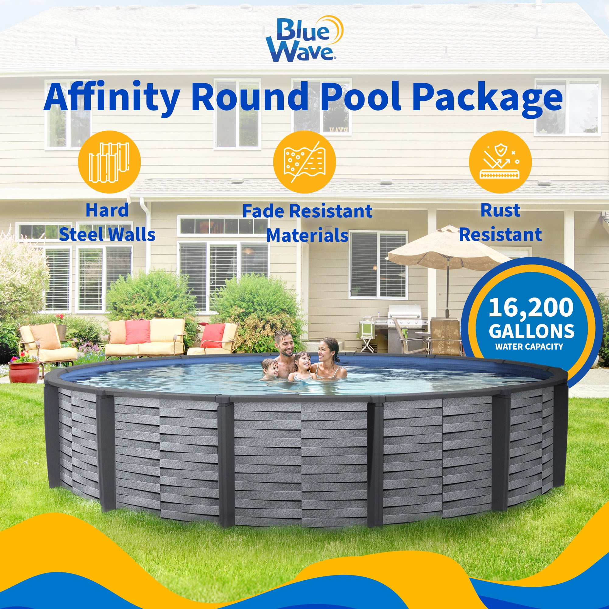 Blue Wave Affinity 27-ft Round 52-in Deep 7-in Top Rail Resin Above Ground Swimming Pool Package