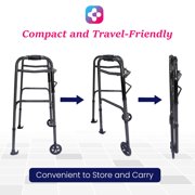Dr. Aid Premium 2 Button Folding Walker with Wheels - Lightweight Walkers for Seniors - Front Wheel Rolling Walker - Durable Aluminum Frame, Adjustable Height, Supports Up to 320lbs - Carbon Black