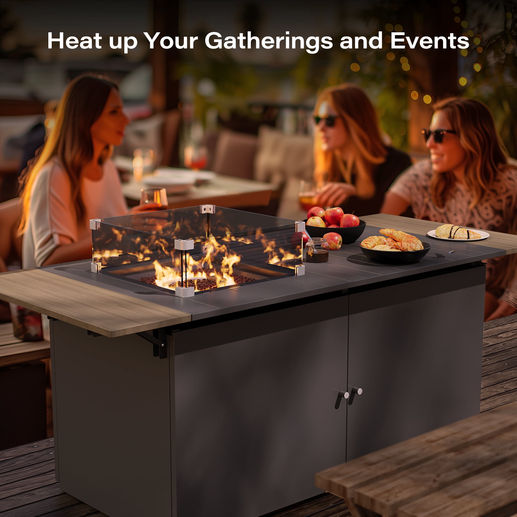KAMEROUT 64" Outdoor Fire Pit Table , 50,000 BTU Patio Propane Fire Pit with Foldable Tabletop & Wind Guard, Black