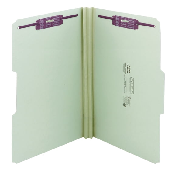 Smead® Pressboard Fastener Folders With SafeSHIELD® Fasteners, 2" Expansion, Legal Size, 100% Recycled, Gray/Green, Box