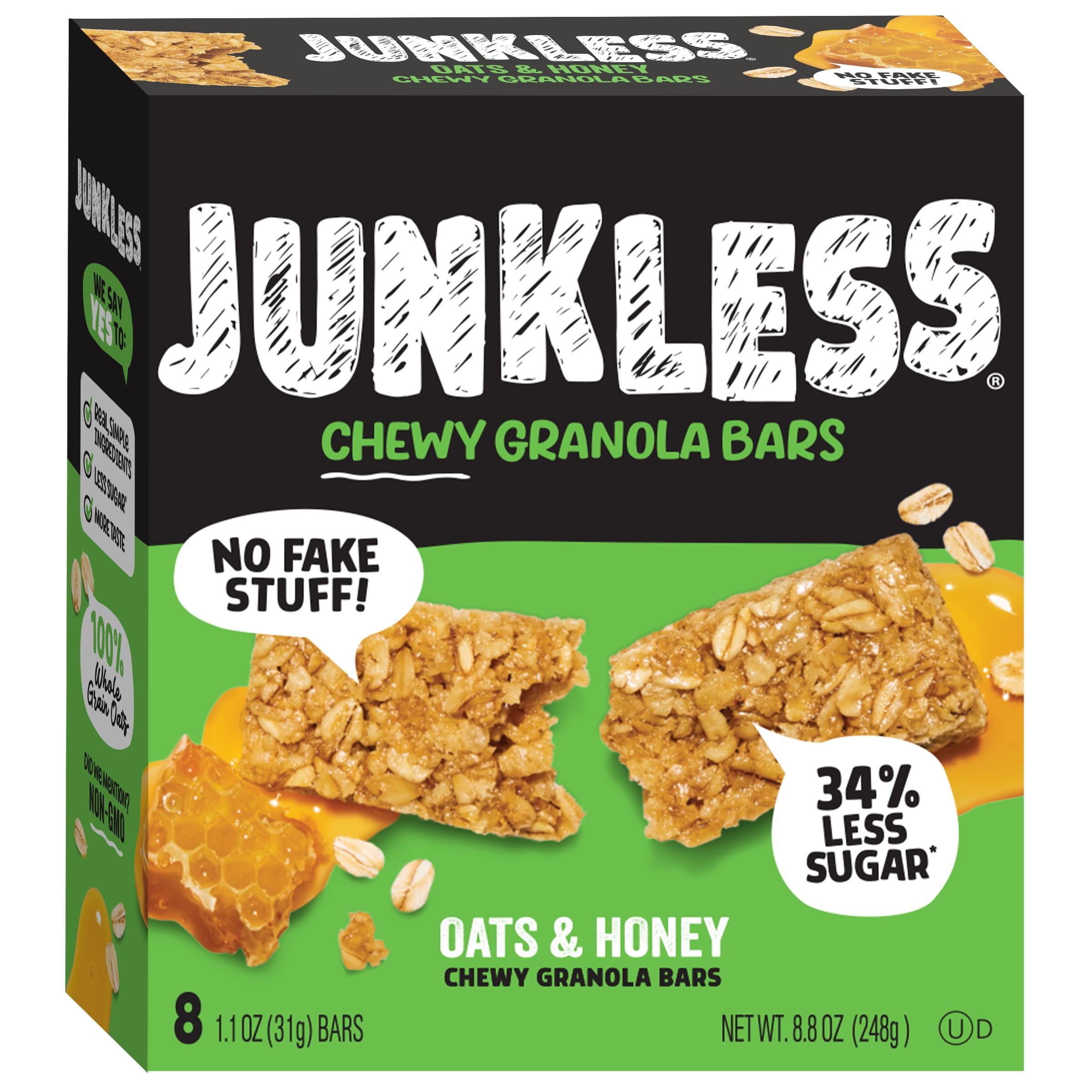 (4 pack) JUNKLESS Chewy Oats & Honey Chewy Granola Snack Bars, 1.1 oz, 8 Count