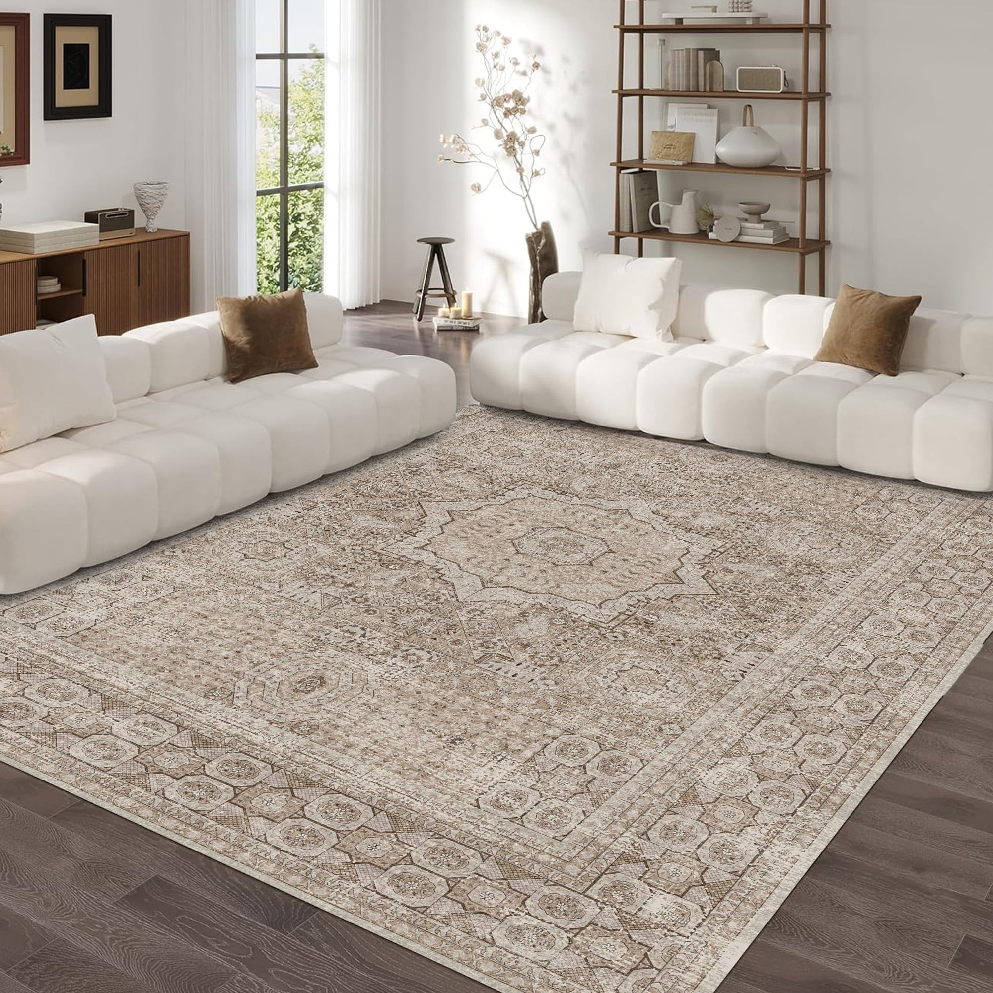 Dowellia Area Rugs for Living Room 8'x 10' Machine Washable Vintage Print Large Throw Non Slip Bedroom Rugs, Brown