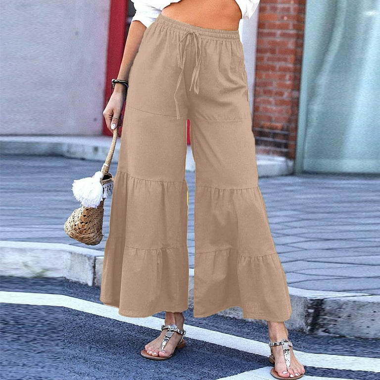 BUIGTTKLOP Pants for Women Clearance 2024 Casual Solid Pants Comfortable  Elastic High Waist Wide Leg Casual Loose Beach Pants