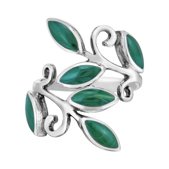 AeraVida Mysterious Olive Leaves Green Malachite Wrap Sterling Silver Ring-7