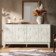 Tina's Home Modern White 4 Doors Storage Credenza and Sideboard Buffet Cabinet with Adjustable Shelves Solid Wood Legs