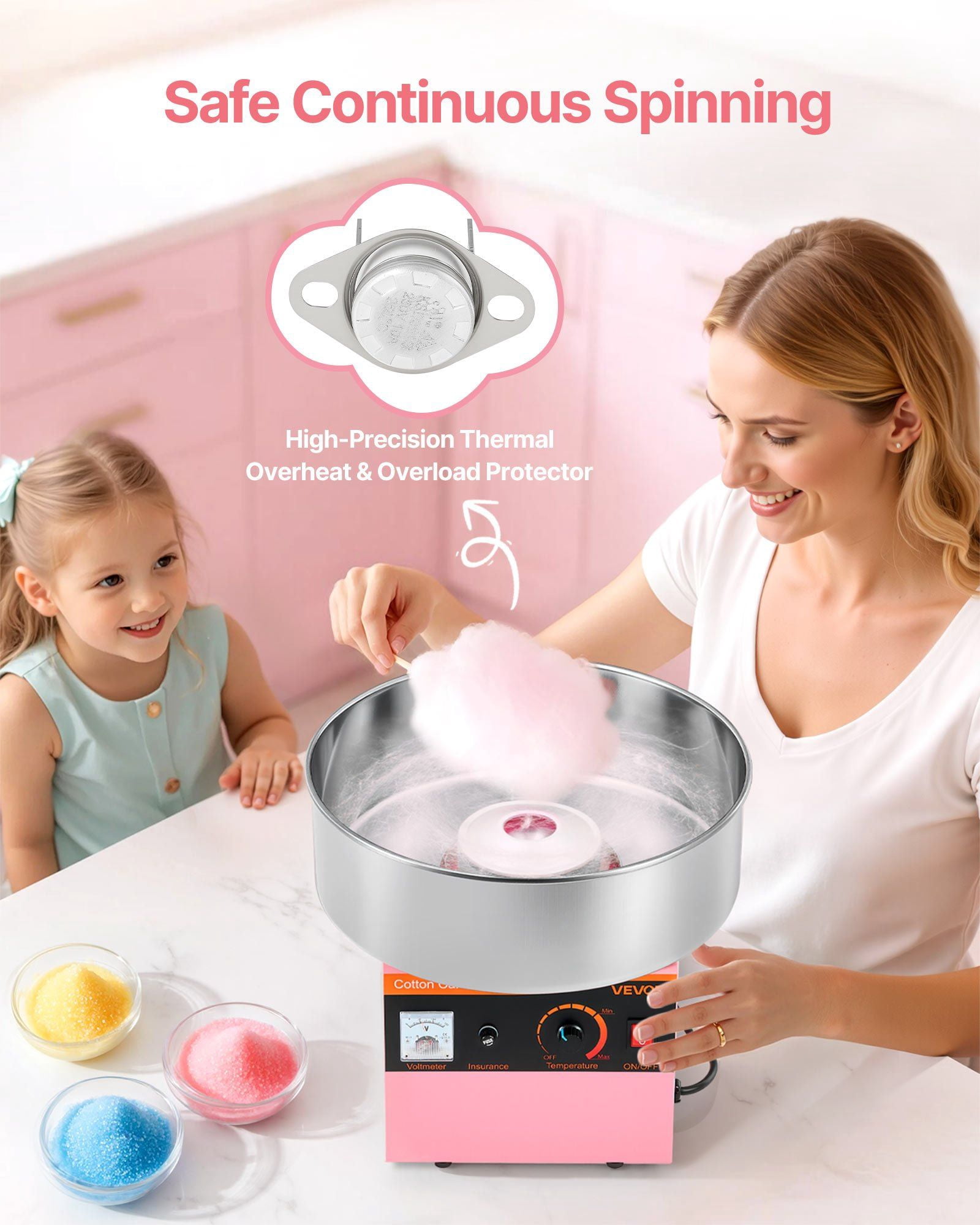 Commercial Cotton Candy Machine Electric Sugar Floss Maker 1000W Stainless Steel Plate Pink Body with Overheat Protection, 3.7oz Sugar Capacity, Easy Operation, Quick Cleanup