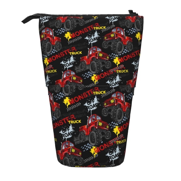 Xecao Monster Truck Print Telescopic Pencil Bag Pen Holder Pop Up Stationery Case Stand-up Retractable Transformer Bag Standing Organizer