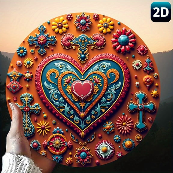HELLOYOUNG Mexican Folk Art Heart Cross Wall Decor Aluminum Bohemian Hanging Ornament 7.79 Inch Round 2D Flat Metal Wall Art Gift for Home