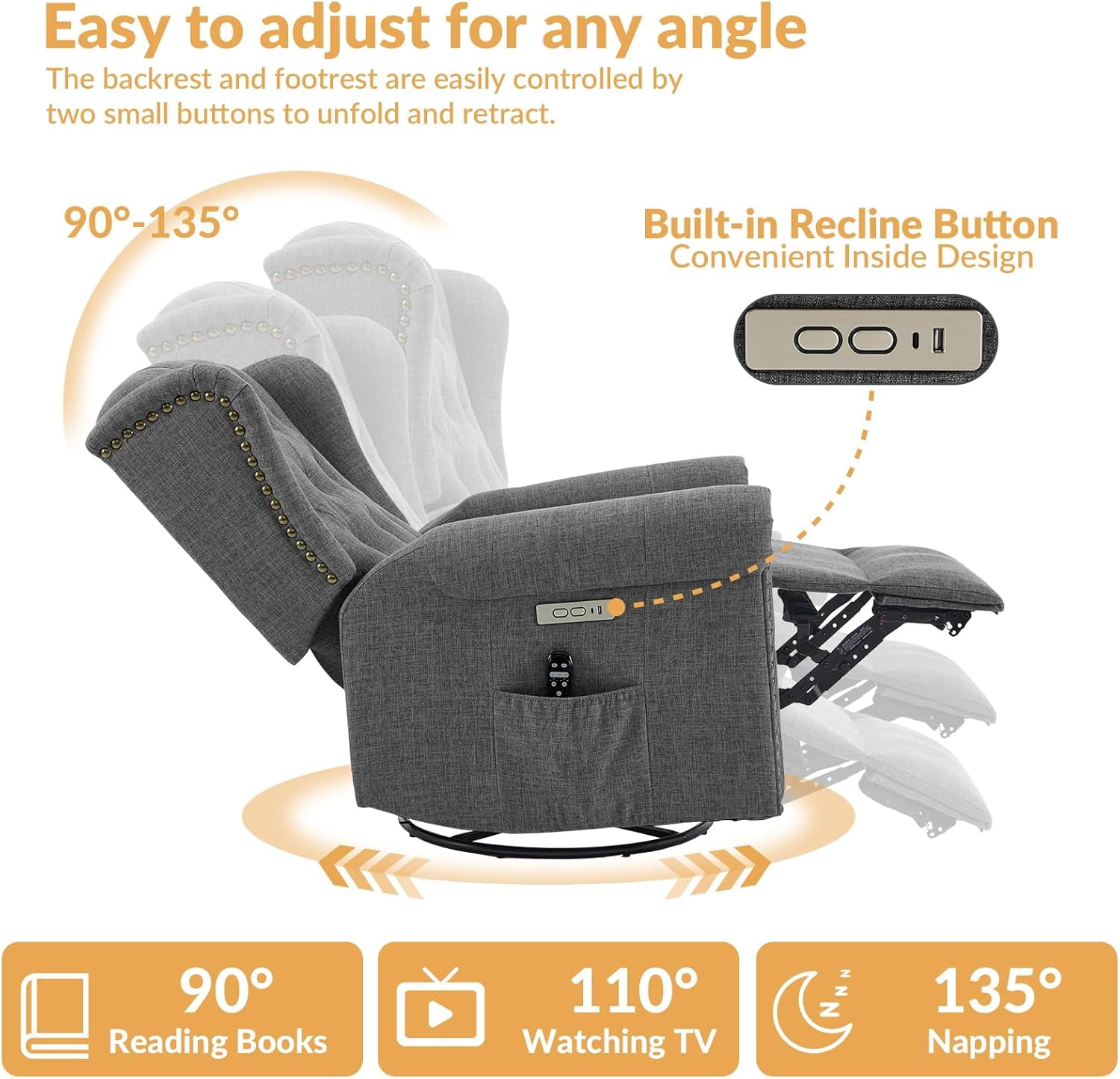 Power Swivel Rocking Glider Recliner Chair, Electric Nursery Reclining Sofa Chair with Heat and Massage, Wingback Tufted Upholstered Recliner for Living Room, USB and Type-C Ports, Grey