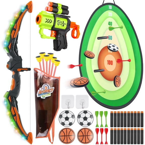 Hot Bee 5-in-1 Kids Bow and Arrow Set, LED Light-Up Bow, Avocado Target, Foam Dart Launcher & Sticky Arrows, Archery Toy Gift for Boys Girls Ages 4-12, Outdoor Indoor Shooting Playset