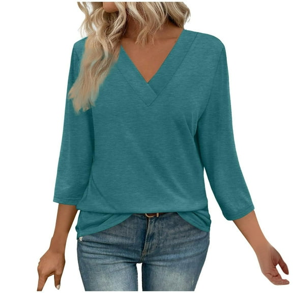 Enjoytime 3/4 Sleeve Tops for Women Solid Color V-Neck Causal Blouses Spring Summer Trendy Business Work Shirts 2026 Mint Green XXL