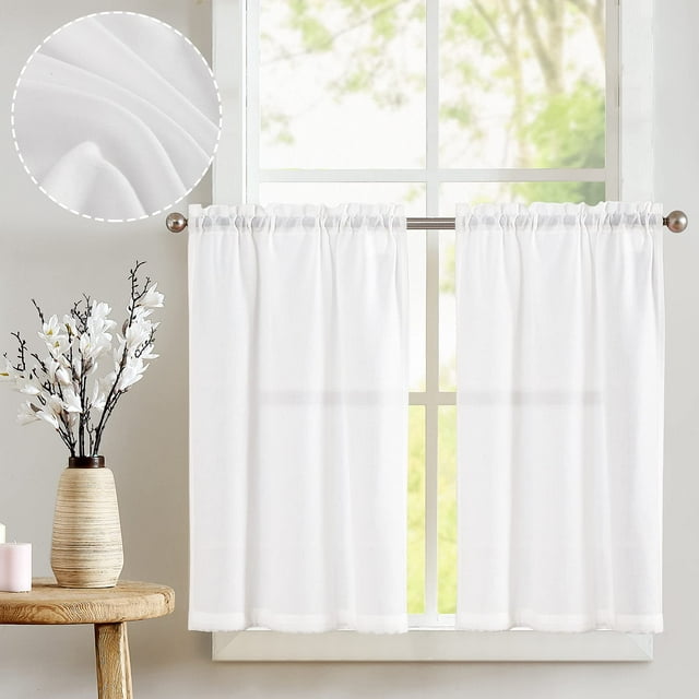 Curtainking Kitchen Curtains Farmhouse Small Window Curtains Semi Sheer Cafe Curtains, 36 inch Length White Linen Textured, Rod Pocket Set of 2 Panels