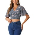 thumbnail image 4 of INSPIRAR CHIC Blusas Cortas de Manga Corta con Cuello en V de Verano con Estampado Floral M Gris Azul, 4 of 6