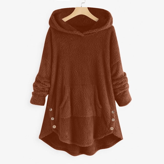 Manteau à Capuche en Peluche à Manches Longues et Boutons pour Femme, Couleur Unie, Décontracté