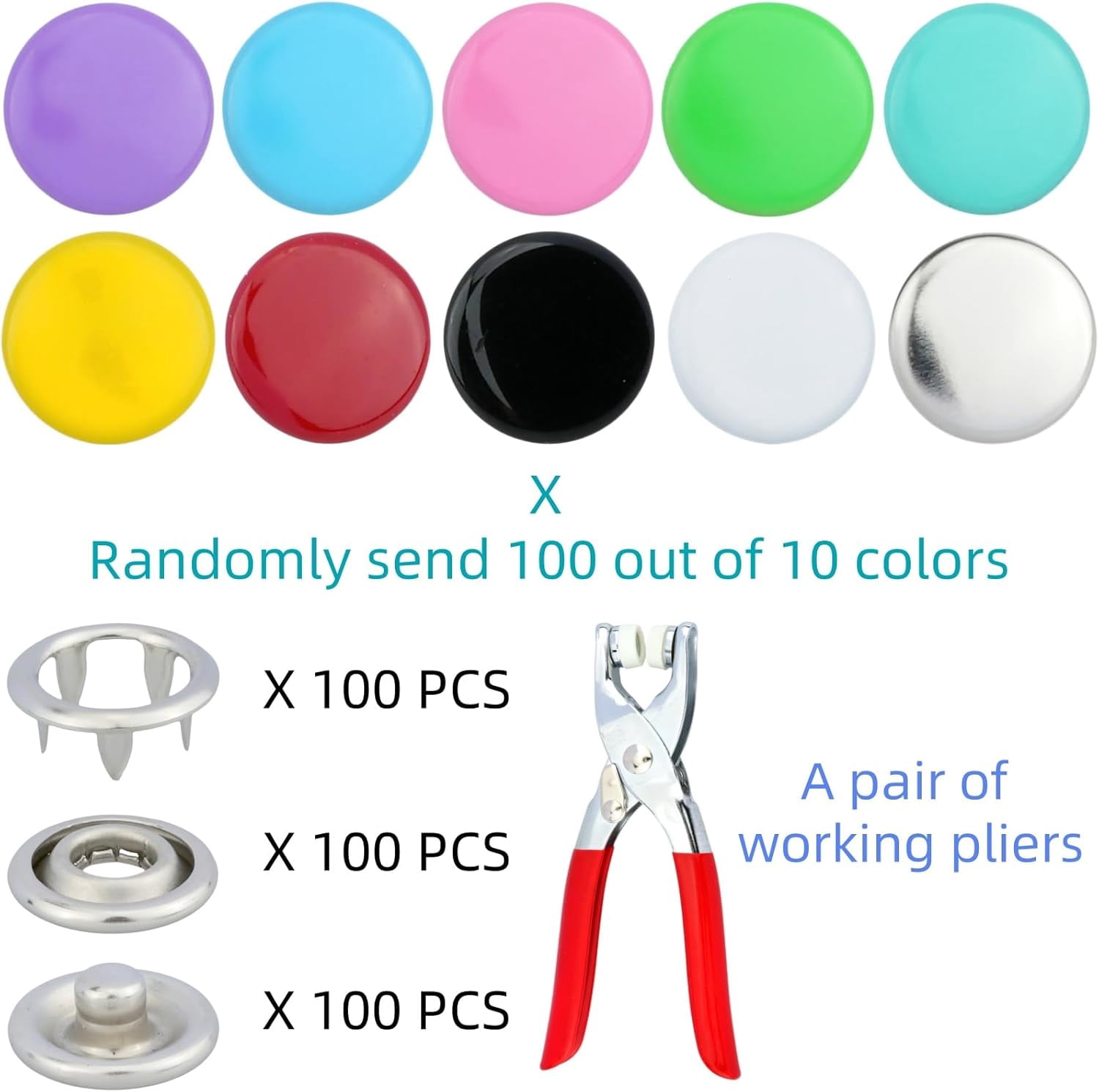 403 Pcs Metal Snap Button Kit for Snaps for Fabric Craft and Other Kinds of Clothing with Tool Fastener Pliers10 Colors 9.5 mm Button 100 Sets