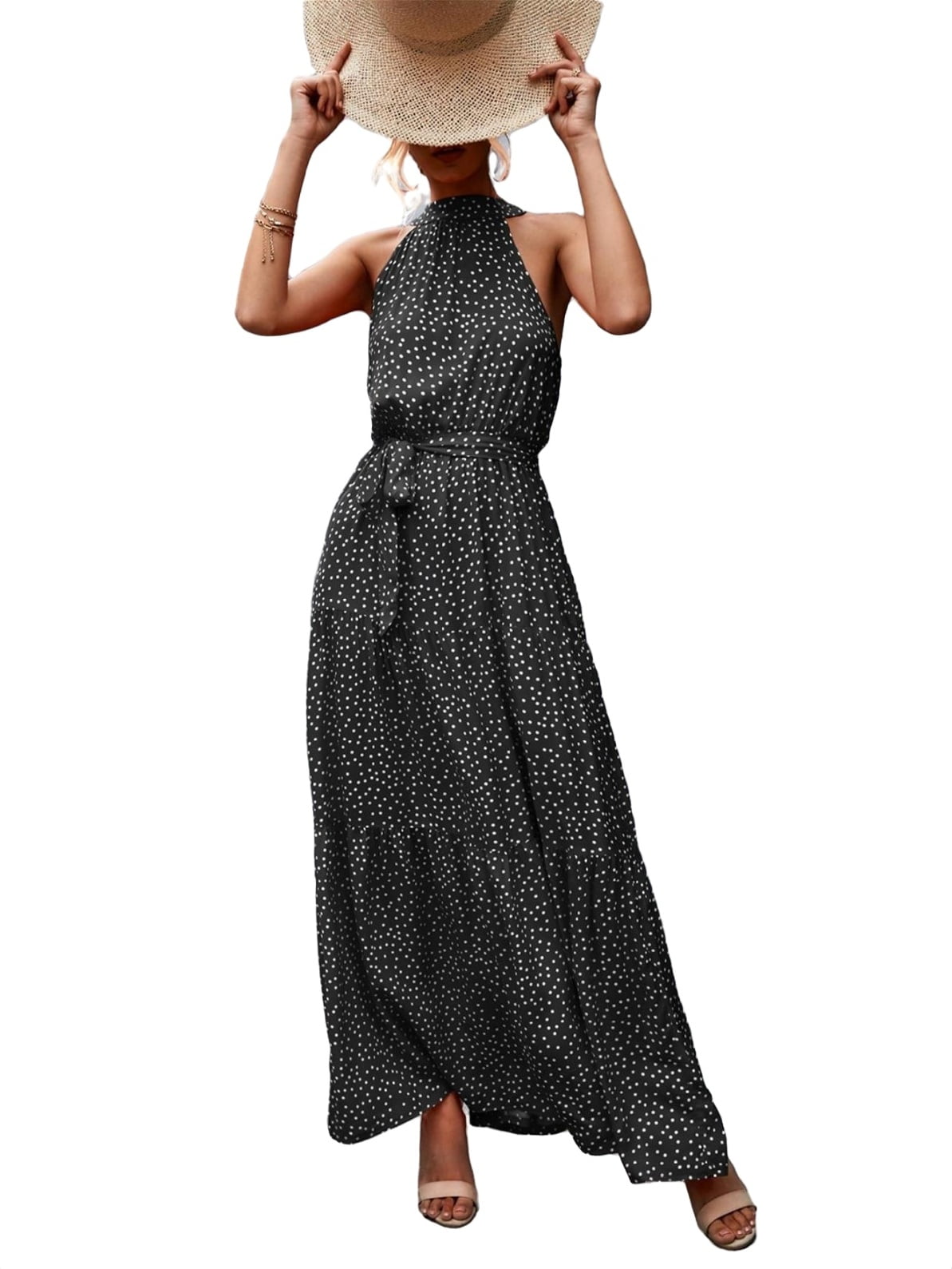 Boho Polka Dot Halter Neck A Line Black (Women's Dresses)