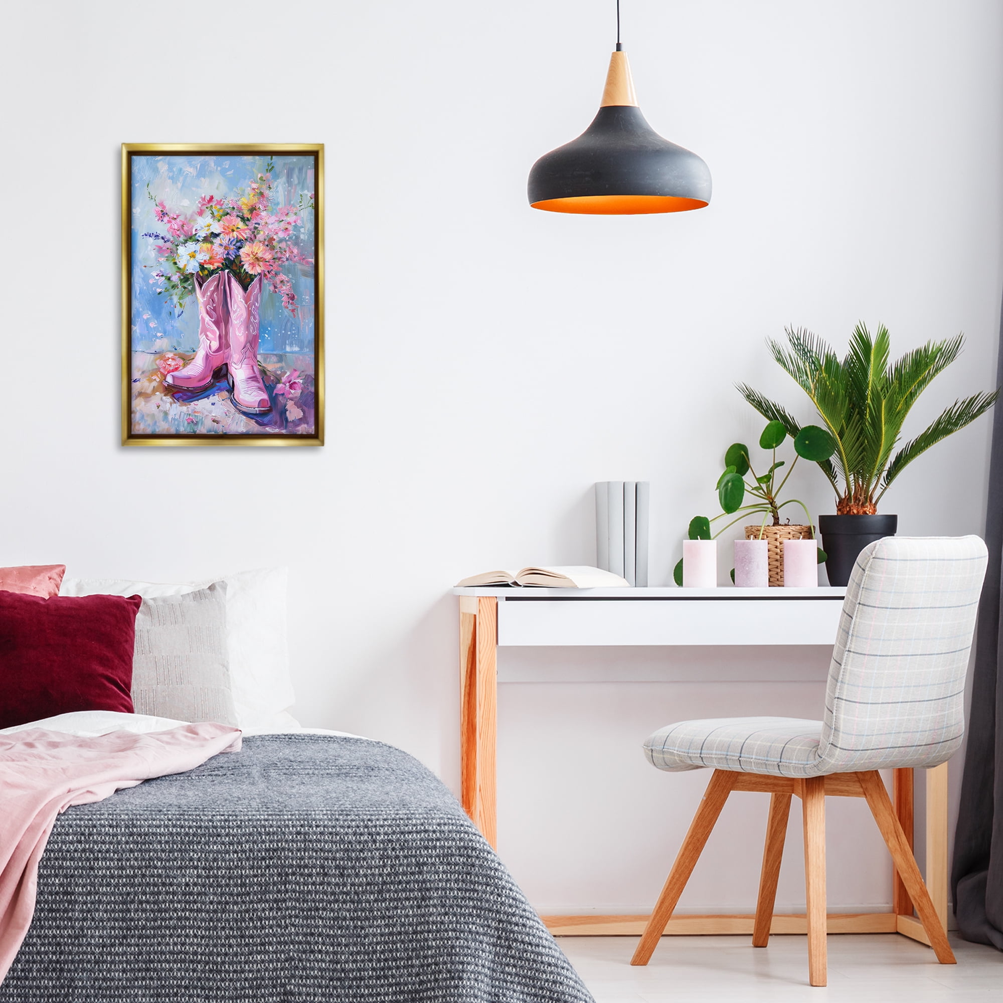 Stupell Industries Floral Cowgirl Boots Plants & Flowers Painting Gold Floater Framed Canvas Art Print Wall Art, 17 x 25