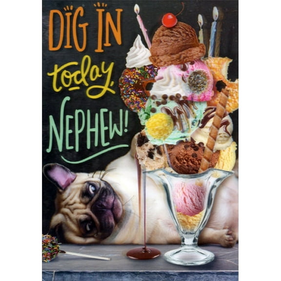 Designer Greetings Pug Looking at Huge Ice Cream Sundae Funny : Humorous 3D Lenticular Motion Birthday Card for Nephew