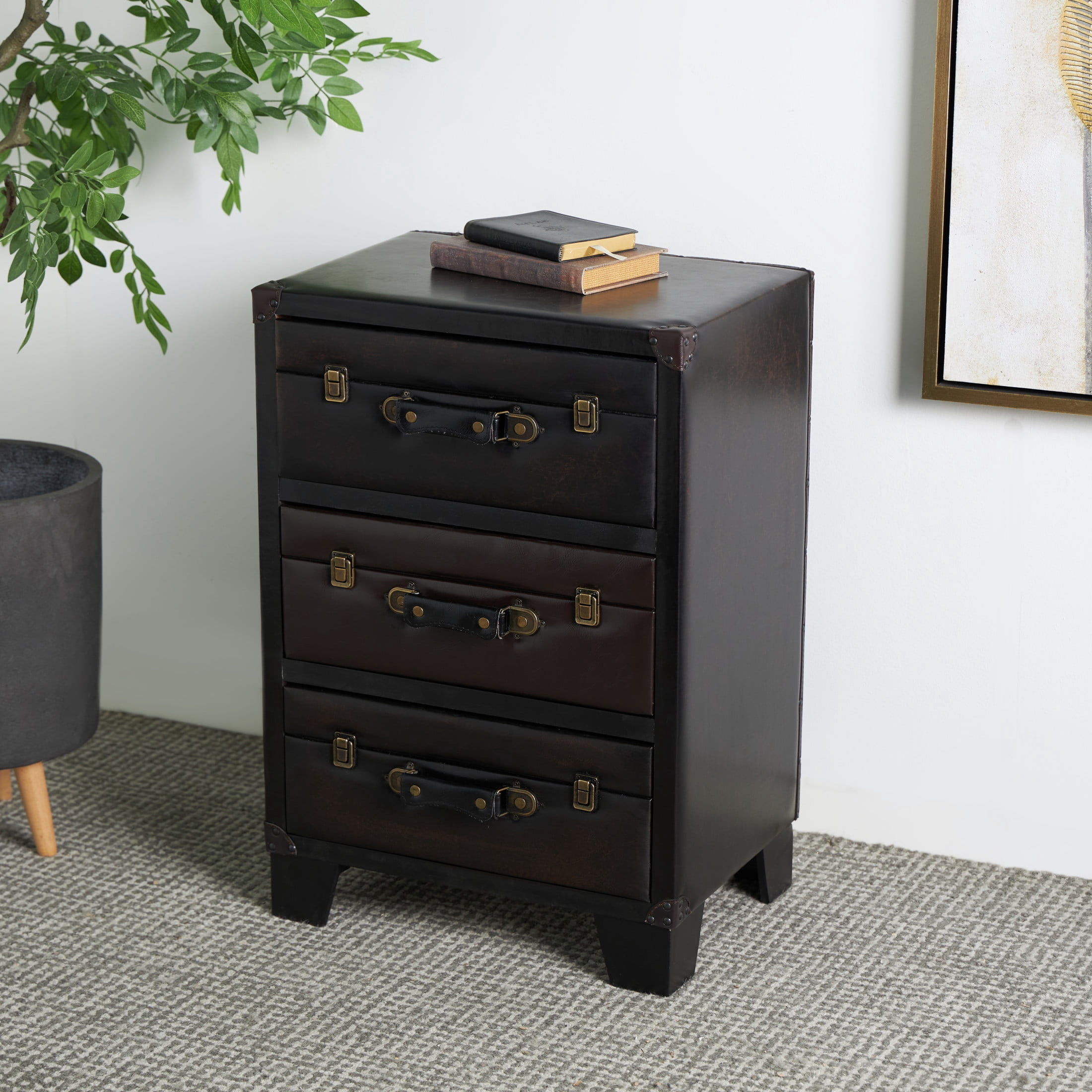 DecMode 19" x 28" Dark Brown Faux Leather Vintage Faux Leather 3 Drawer Chest with Gold Buckle and Strap Accents, 1-Piece