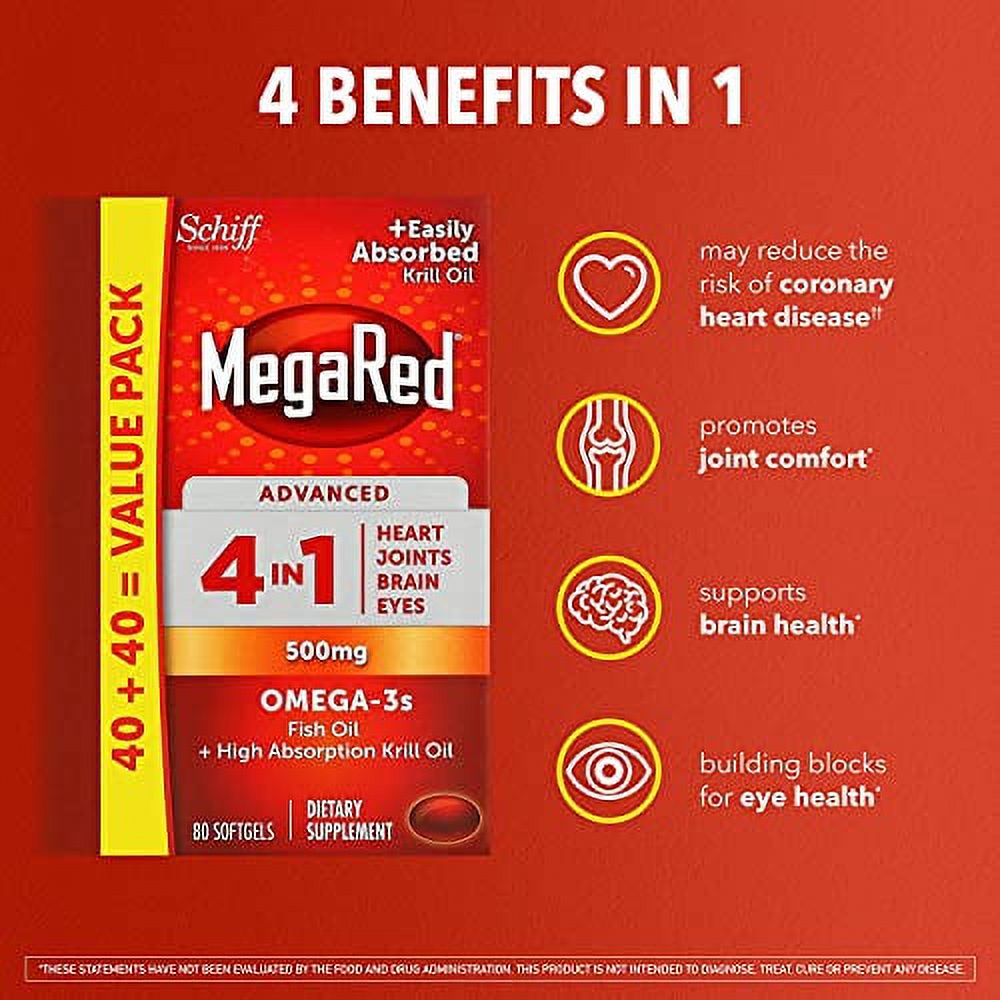 Omega 3 Fish Oil & Antarctic Krill Oil Softgels for Brain, Heart, Joints & Eye Support, MegaRed (80 Count Bottle), Concentrated Omega 3 Fatty Acid Supplement with EPA, DHA, Phospholipids- 3 Pack