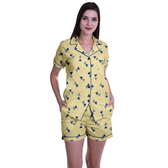 Moomaya Pyjama Boutonné pour Femmes Ensemble Chemise à Shorts en Coton Col à Encoche Tenue de Nuit