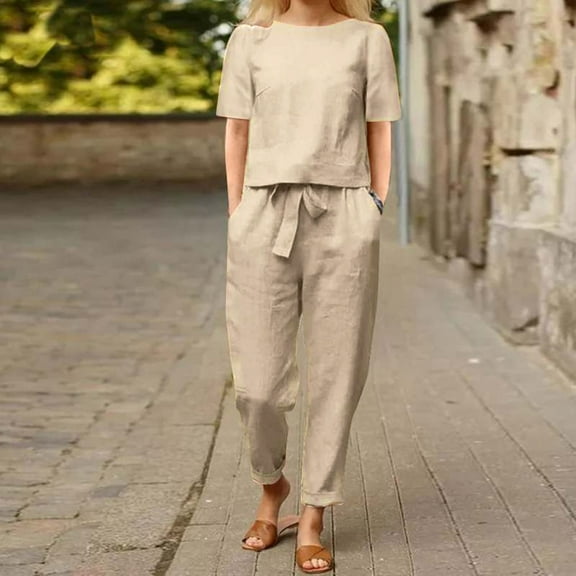 Women Summer Solid Color Casual And Linen Short Sleeve Round Neck Loose Wide Leg Pants Suit Homecoming Suits for Women Pin Striped Suit for Women Romper Dressy Womens Tuxedo Suit Set Life Party Romper