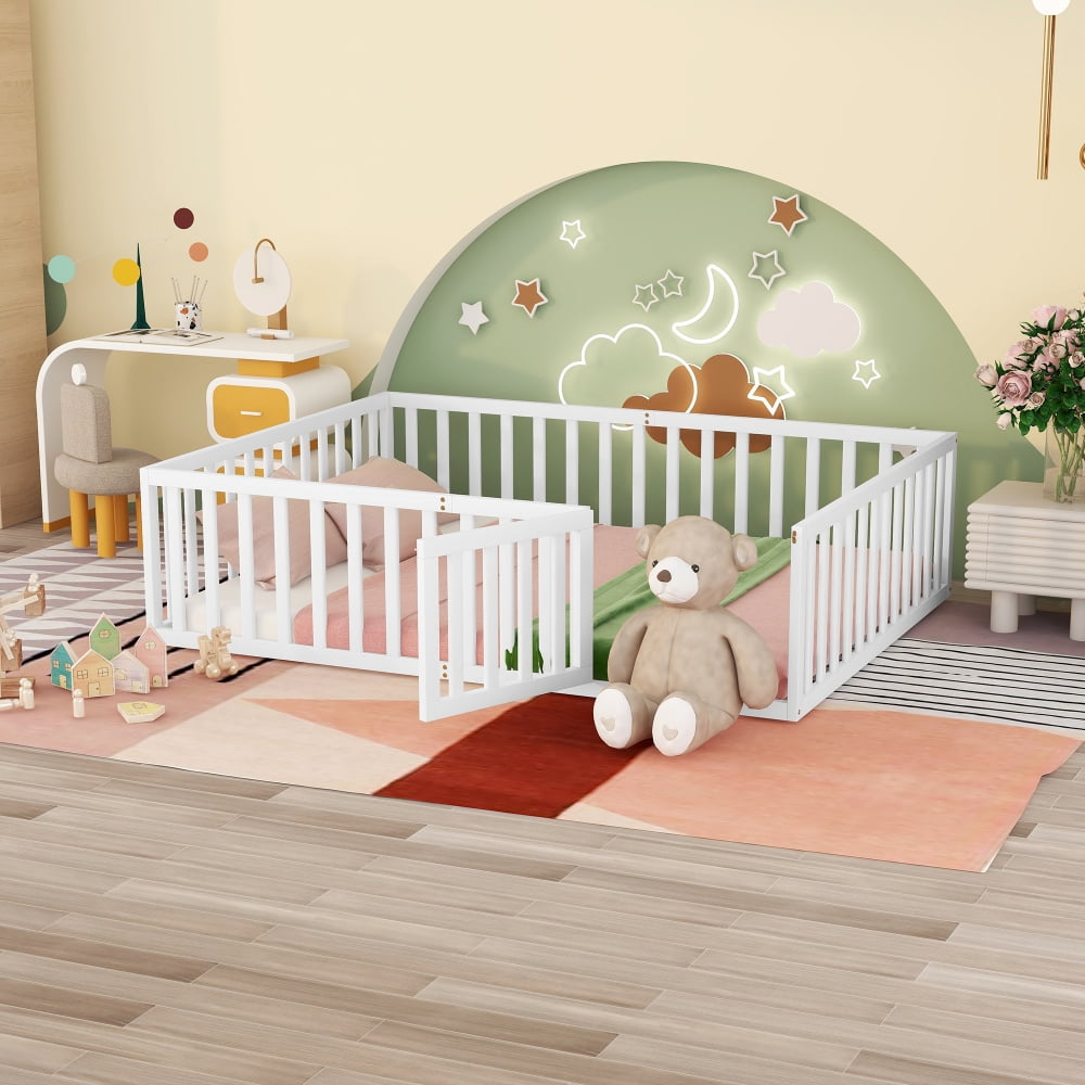 Queen Size Floor Bed Frame for Kids, Solid Wood Montessori Bed Frame