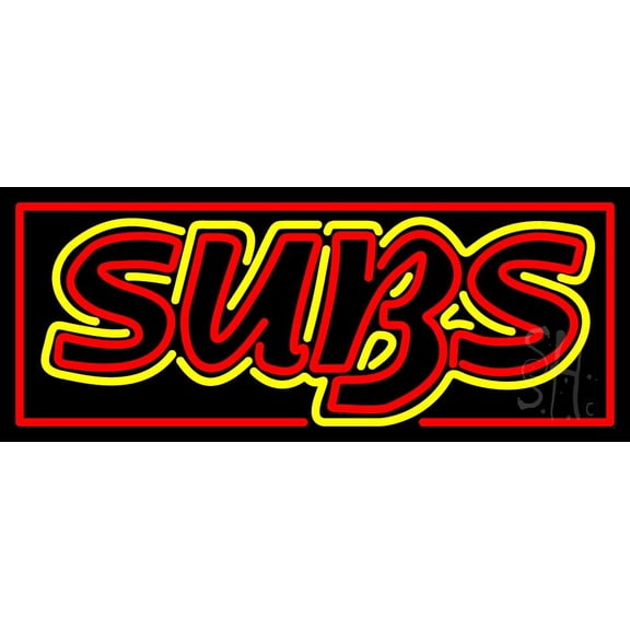 Double Stroke Subs LED Neon Sign 13 x 32 - inches, Black Square Cut Acrylic Backing, with Dimmer - Bright and Premium built indoor LED Neon Sign for restaurant window and interior decor.