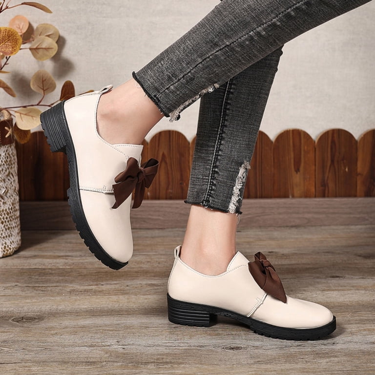 beige dress shoes low heel Y-465 Black Womens Mary Jane Pumps Leather Solid Round Toe Bowknot Casual Comfortable Office Work Walking heel shoe featuring a