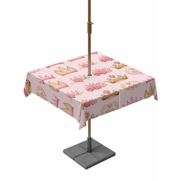 Outdoor Tablecloth with Umbrella Hole for Patio/Picnic/Party/Camping, Pink Floral Crown Waterproof Table Cloth Square Cover Washable, Spring Floral Roses Elegant Pastoral (54"x 54")