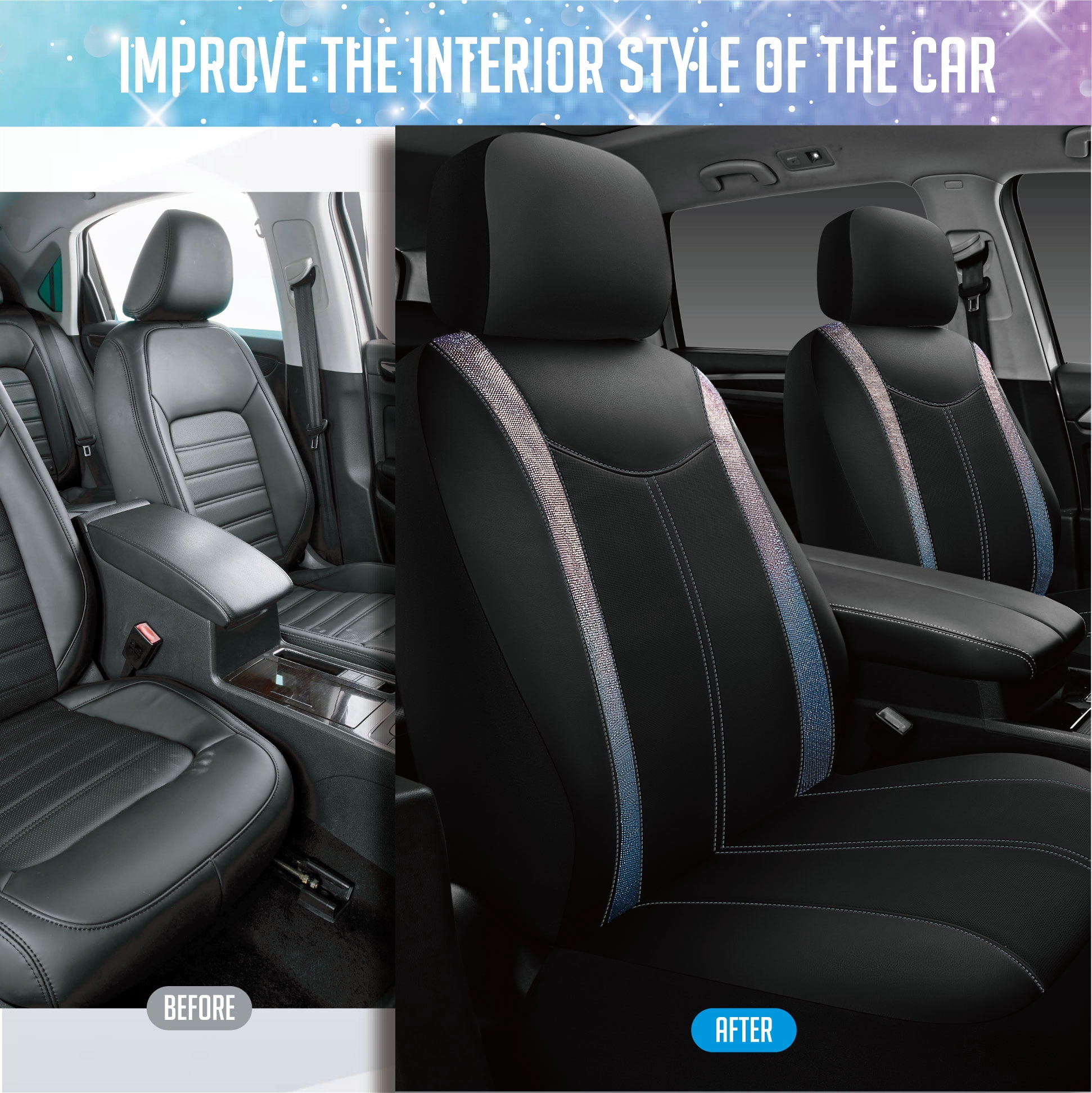 Auto Drive 2-Piece  Premium Blue Bling Crystal Rhinestone Car Seat Covers - Universal Fit, 25SC65